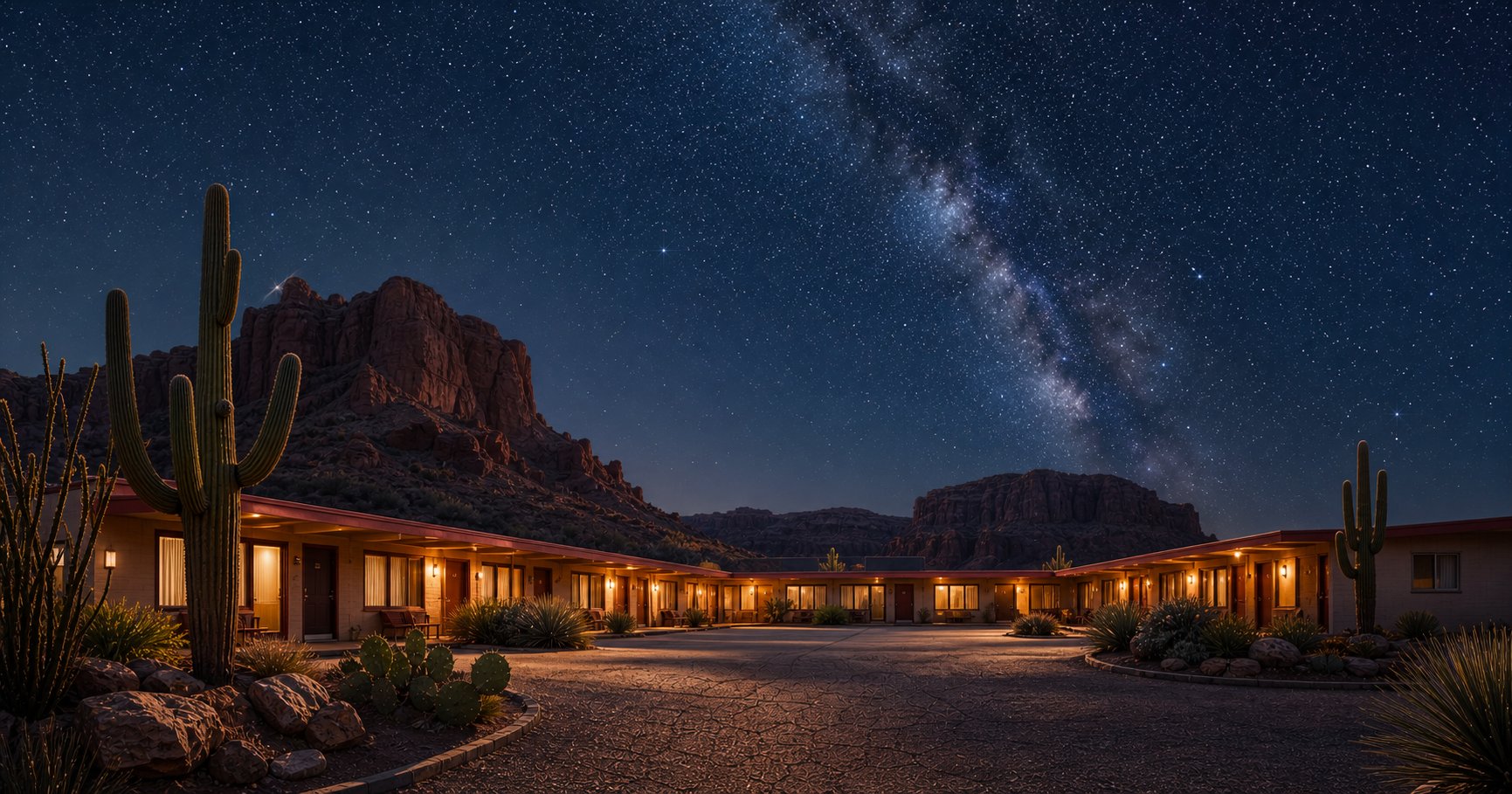 Desert motel at night under a starry sky