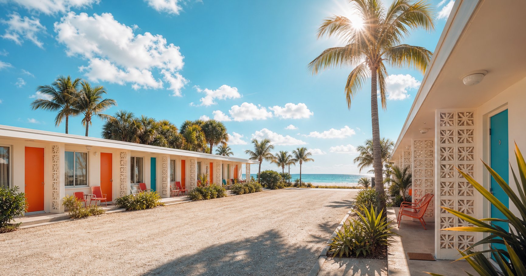 Independent motel on the Florida coast, palms and a bright lot